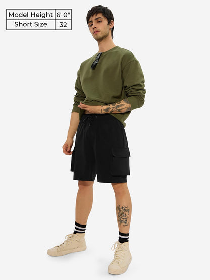 The Souled Store Solids: Black Men and Boys Drawstringed Knee Length Nylon Blend Cargo Shorts