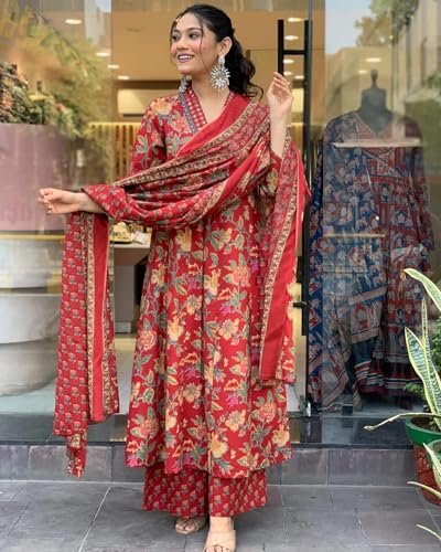 GoSriKi Women's Anarkali Kurta Set, Rayon Blend, Palazzo & Dupatta, Medium, Red, Model CIA RED-VKS01-GS