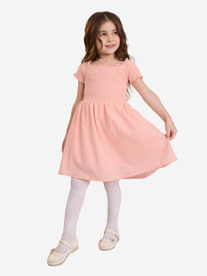 The Souled Store Solids: Fuzzy Peach Girls Square Neck Short Sleeves Knee Length Cotton Dresses