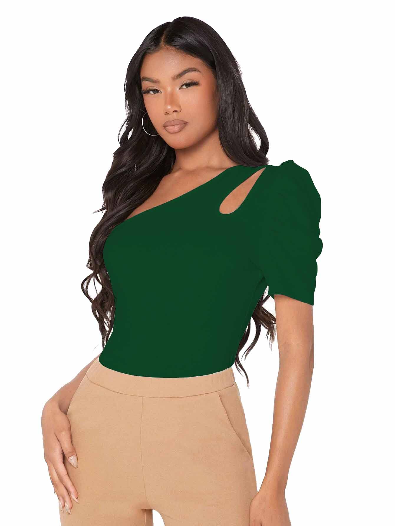 Shasmi Womens & Girls Bottle Green Short Puff Sleeve, One Shoulder Neck, Ruched Bust Solid Tops for Women/Tops, T-Shirts for G