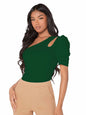Shasmi Womens & Girls Bottle Green Short Puff Sleeve, One Shoulder Neck, Ruched Bust Solid Tops for Women/Tops, T-Shirts for G