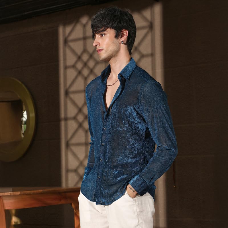 Campus Sutra Mens Midnight Blue Solid Velvet Shirt for Casual Wear | Spread Collar | Long Sleeve | Button Closure | Shirt Craft