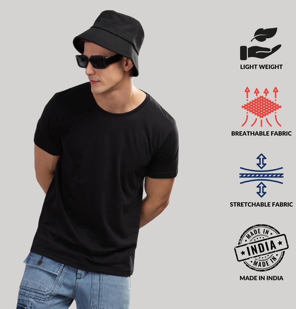 ADRO Mens Solid Regular Fit T-Shirt (RCM3-PLN-BL-BE-SK_Black,Beige,Sky Blue