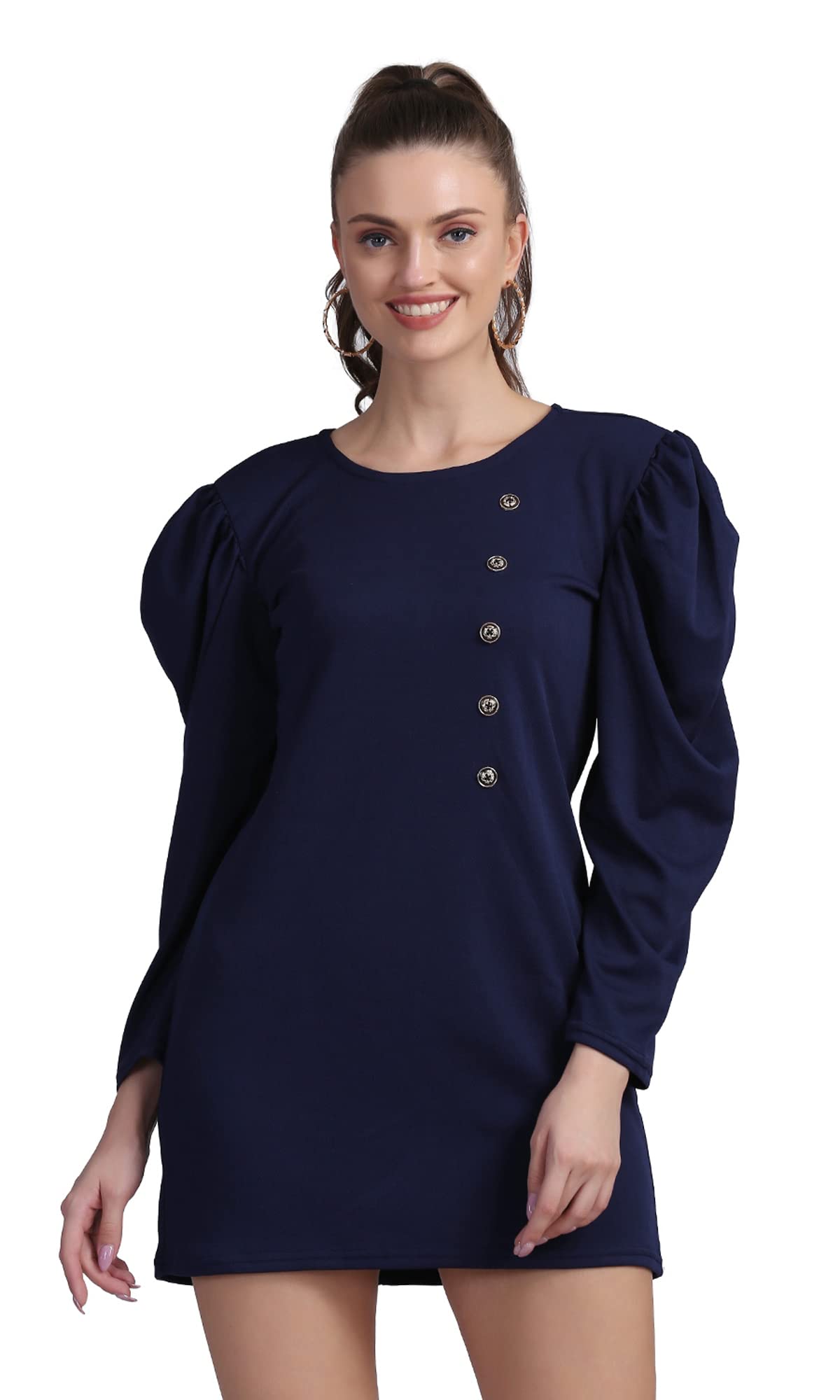 Shasmi WomenS Comfortable Navy Blue Round Neck Full Sleeve Solid Midi Bodycon Casual Western Stylish Dress For Womens/Midi Dres