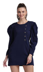 Shasmi WomenS Comfortable Navy Blue Round Neck Full Sleeve Solid Midi Bodycon Casual Western Stylish Dress For Womens/Midi Dres