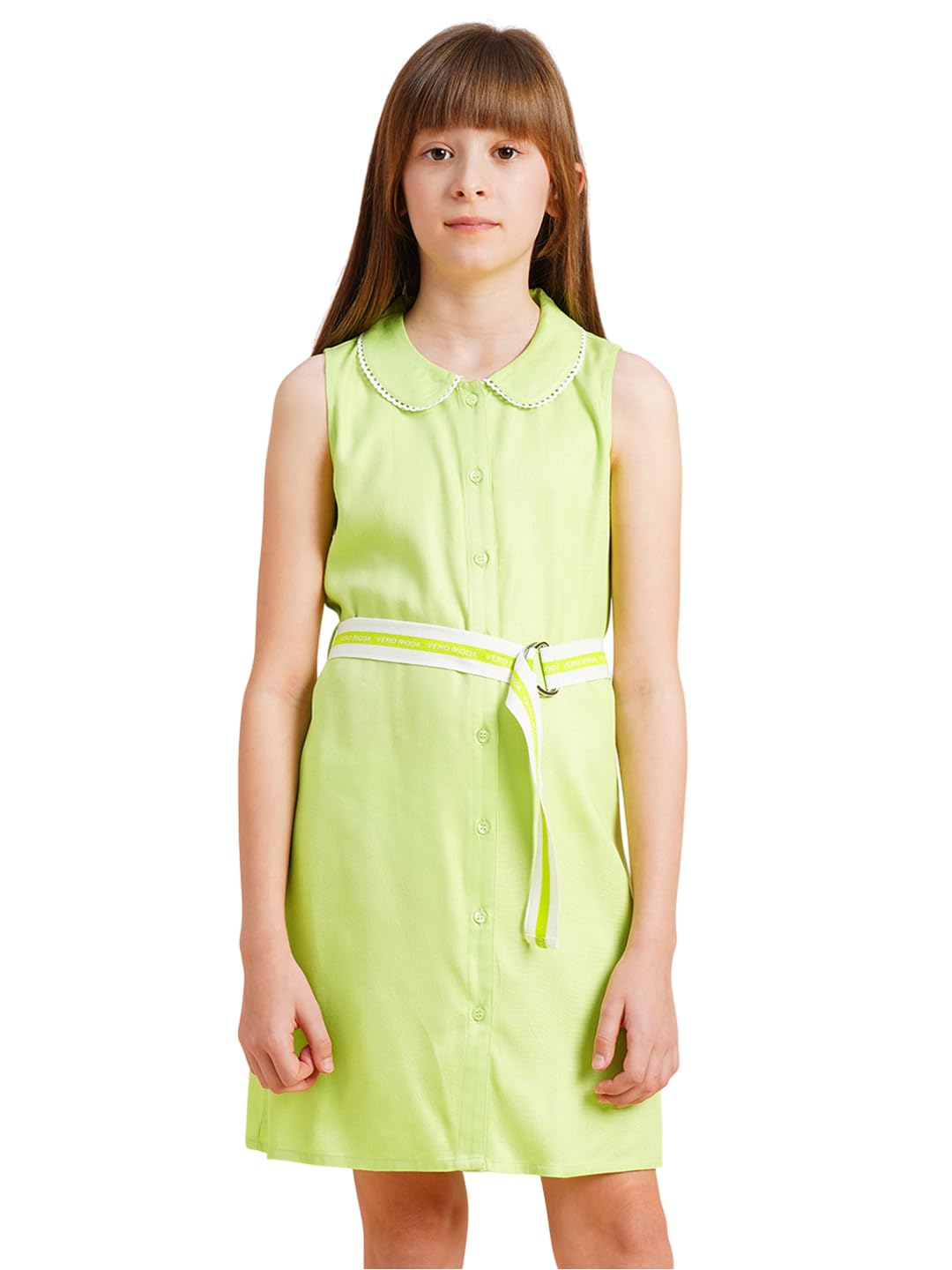 Vero Moda Girl Solid Green Shirt Dress With Belt