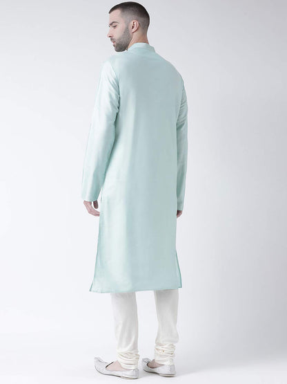 Kisah Cotton Blend Turquoise Blue Kurta For Men, Full Sleaves, Knee Length, Straight, Regular Fit, Mandarin Collar, Geometric Em