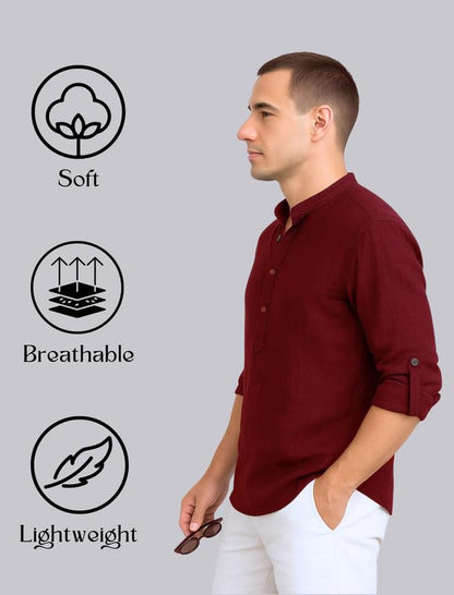 Deelmo MenS Cotton Blend Solid Regular Fit Full Sleeve Short Kurta | MenS Trendy Short Kurta Red
