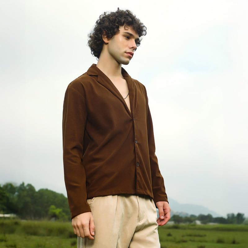 Campus Sutra Mens Chocolate Brown Ribbed Oversized Shirt for Casual Wear | Cuban Collar | Long Regular Sleeves | Button Closure