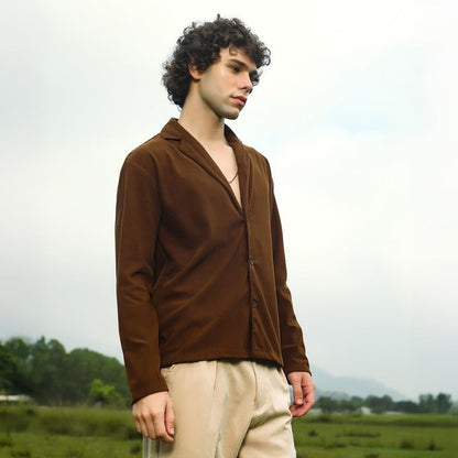 Campus Sutra Mens Chocolate Brown Ribbed Oversized Shirt for Casual Wear | Cuban Collar | Long Regular Sleeves | Button Closure