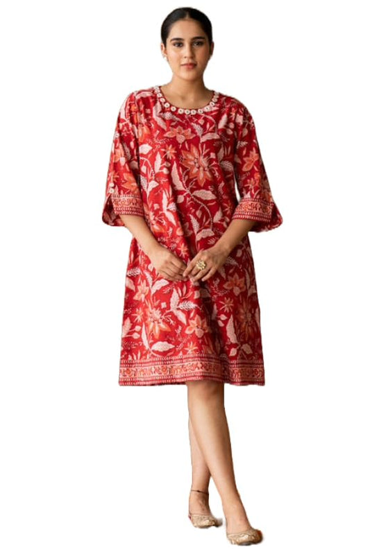 Gosriki WomenS Rayon Blend A-Line Printed Dress (Santa Red-Nw-Gs_S_Red_Small)