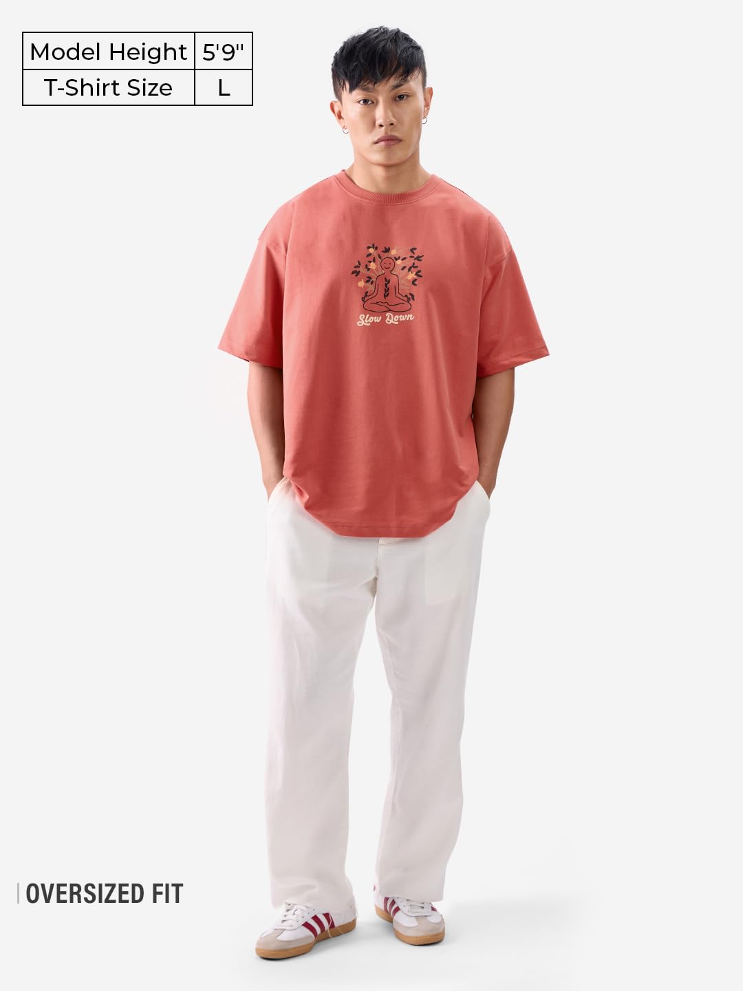 The Souled Store Slow Down Men and Boys Short Sleeves Round Neck Pink Embroidered Cotton Oversized T-Shirts