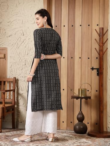 Stylum Women's Woven Design Cotton Blend Straight Kurta (VEDIKA_Black)