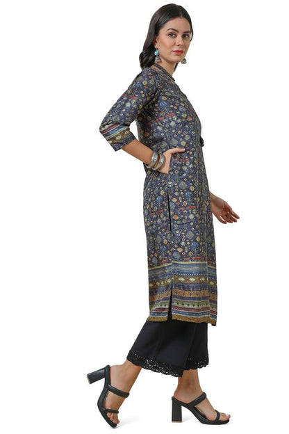 Soch Womens Charcoal Silk Blend Abstract Print Kurta with Tassels
