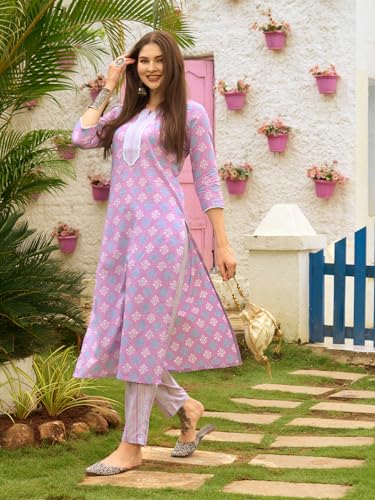 ANNI DESIGNER Women's Cotton Blend Straight Printed Kurta with Pant (Nede-Purple_S_Purple_Small)