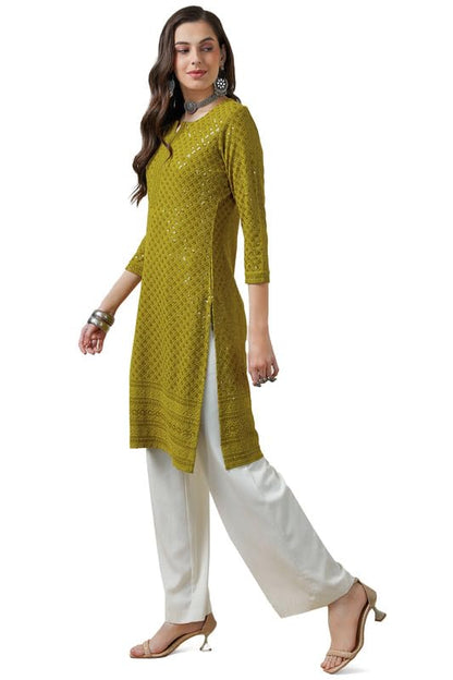 Soch Womens Olive Rayon Embroidered Straight Kurta With Sequins