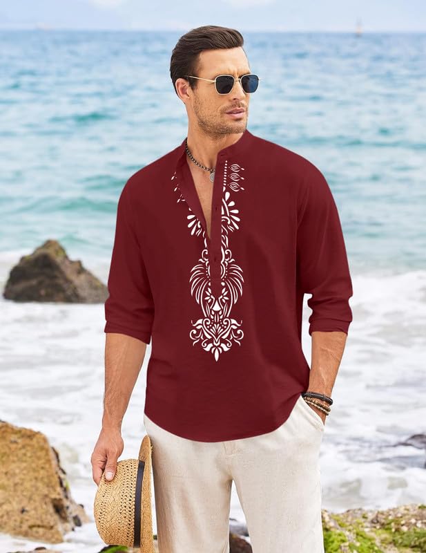 Finivo Fashion MenS Cotton Blend Short Kurta With Bold Printed Front Design | Full Sleeve Ethnic Casual Kurta With Mandarin Coll