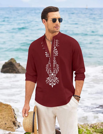 Finivo Fashion MenS Cotton Blend Short Kurta With Bold Printed Front Design | Full Sleeve Ethnic Casual Kurta With Mandarin Coll