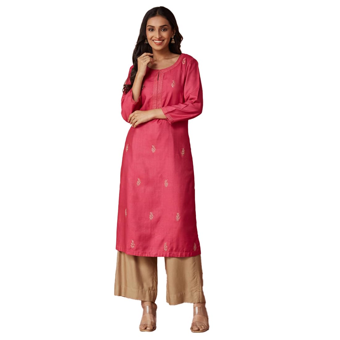 Fabindia Women's Viscose Silk Embroidered Regular Kurta