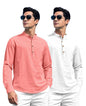 ROYALSCOUT Combo of Mens Solid Cotton Blend Full Sleeve Straight Kurta Shirt (Pack of 2) Peach-White