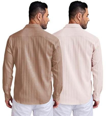 Deelmo Combo Of MenS Casual Button Down Shirts Long Sleeve Linen Shirt Fashion Textured Summer Shirts Pack Of 2