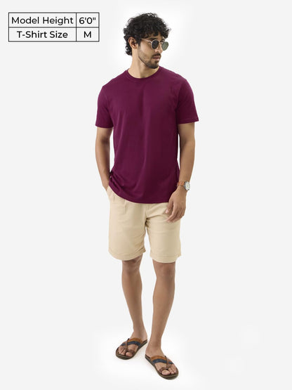 The Souled Store Wine Red Men and Boys Short Sleeve Round Neck Solids Regular Fit Cotton Supima T-Shirts