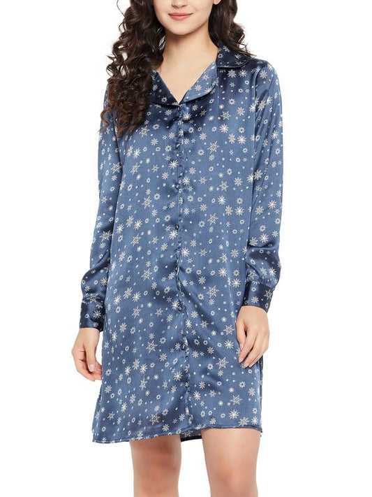Clovia Womens Satin Christmas Print Button Down Sleep Shirt (NS1392R08_Blue_XXL)