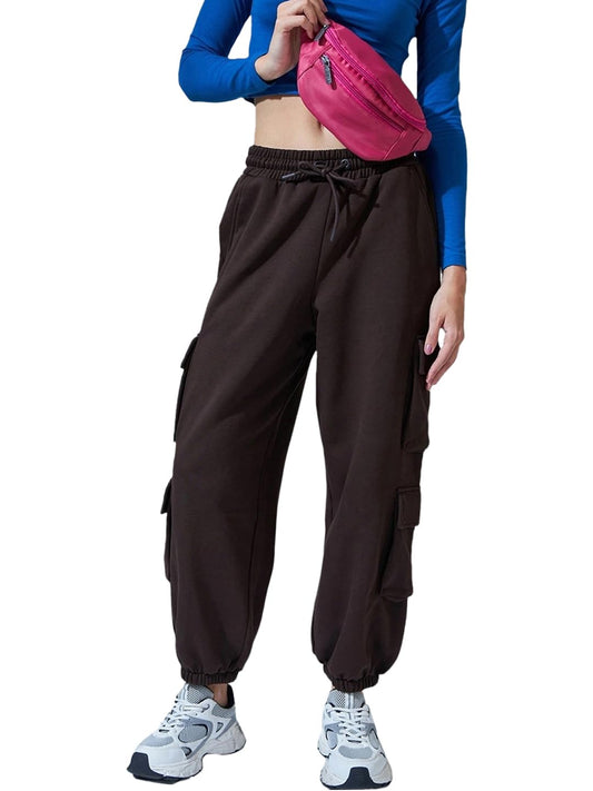 Bewakoof Womens High Rise Heavy Duty 1.0 Solid Super Loose Fit Fleece Joggers_624658_Brown_XL