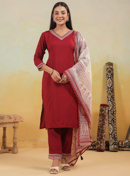 SHIENZY Womens Maroon Viscose Kurta Set with Printed Dupatta || Ethnic Wear for Women || Stylish Indian Suit for Girls || Festi