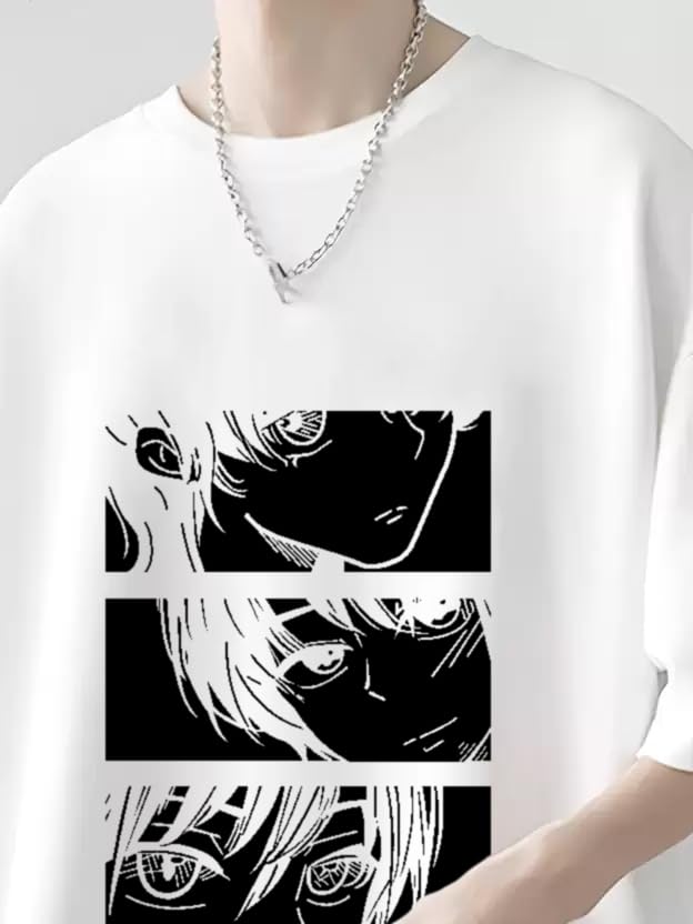 Thalasi Men Anime Oversized Baggy Fit T-Shirt | 100% Cotton | White | Anime Print | Round Neck | Half Sleeve