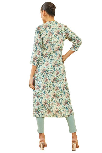 Soch Womens Beige Linen Kurta with Floral Print