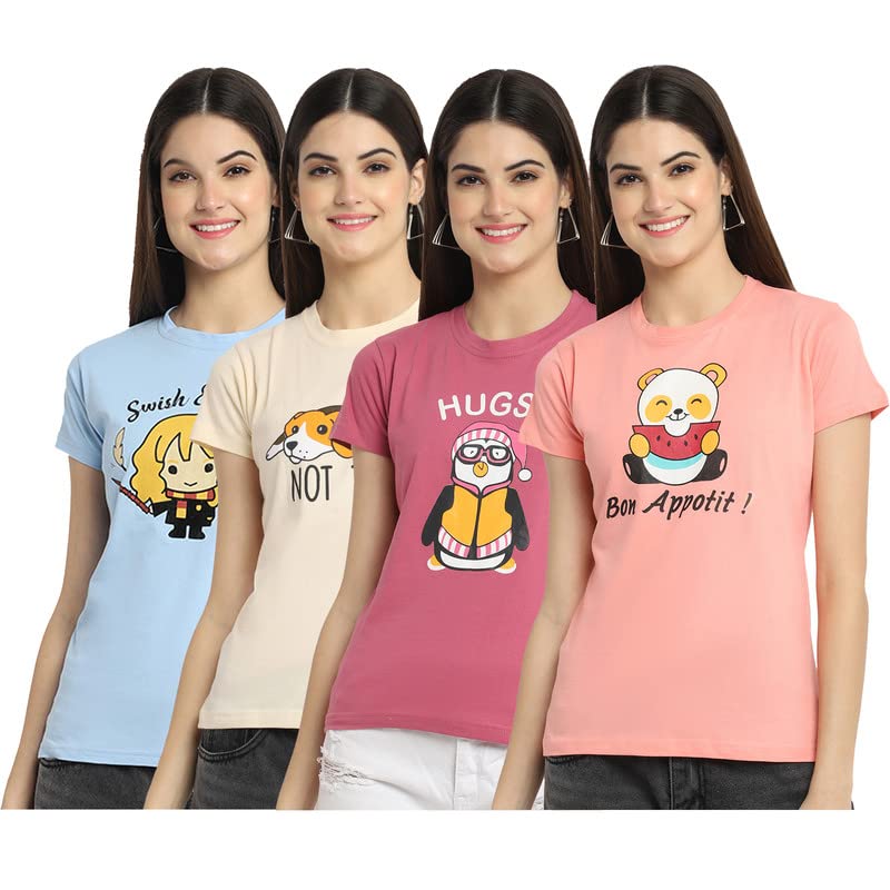 Preneum Womens Cotton Regular Fit Latest Graphic Stylish Printed Short Sleeves Casual T-Shirt || Trendy & Latest Style (Pack 4)