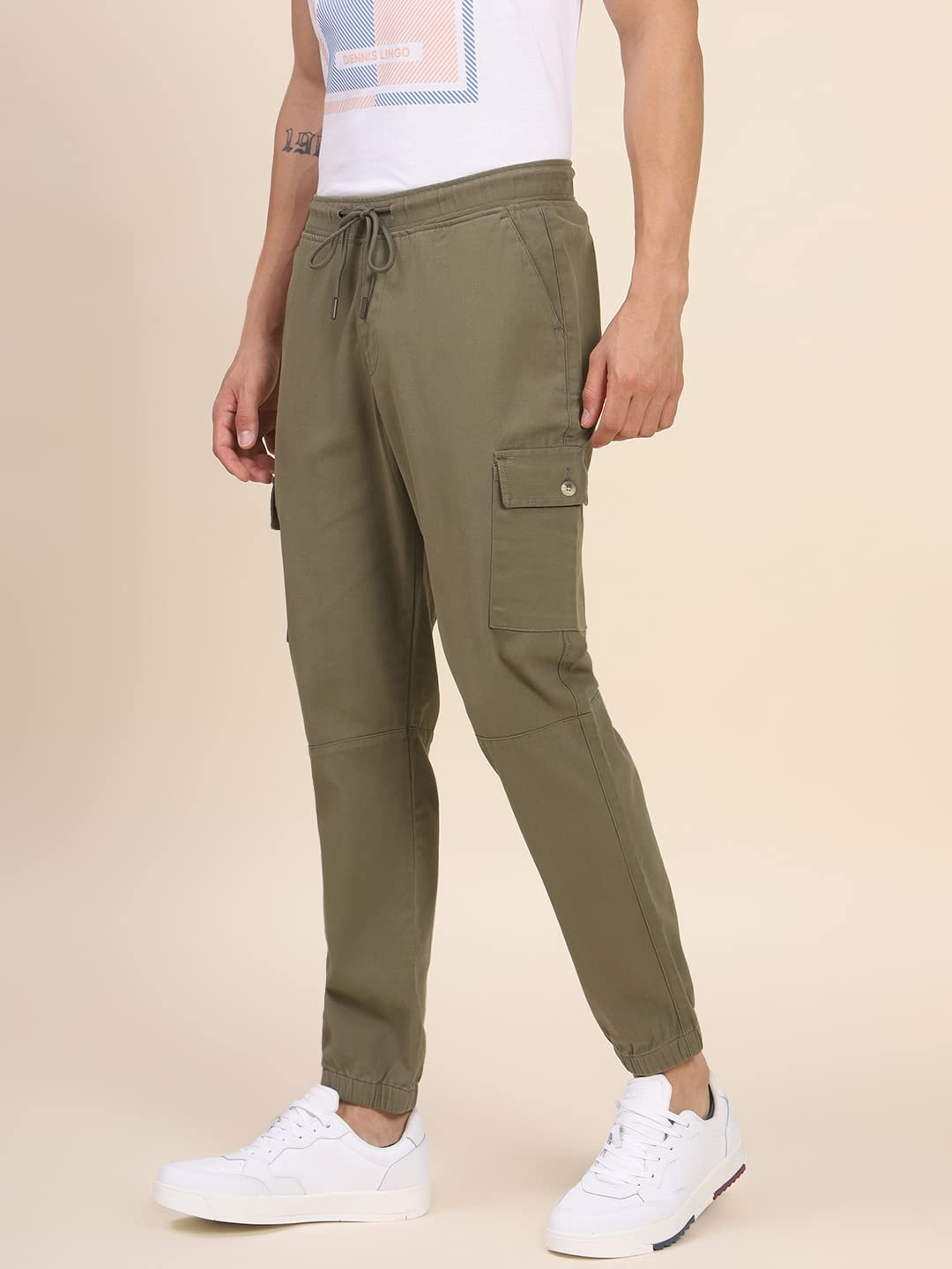 Dennis Lingo Mens Cotton Regular Fit Solid Stretchable Cargo Joggers, Casual Trouser Pants with Drawstring Waist (Light Olive,