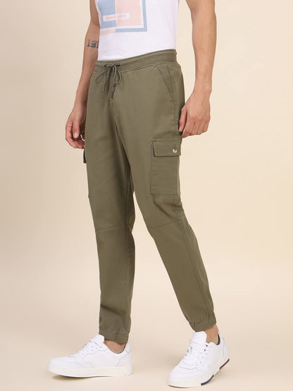 Dennis Lingo Mens Cotton Regular Fit Solid Stretchable Cargo Joggers, Casual Trouser Pants with Drawstring Waist (Light Olive,