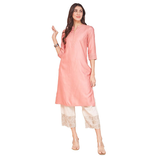 Fabindia WomenS Viscose Silk Solid Regular Kurta (1038026Peach_Peach