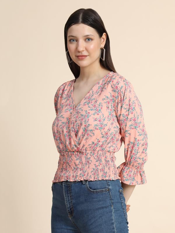 Toochki Womens Peach Cotton Blend Floral Cinched Waist Western Top | Winter Top | Western Top | Top for Women | Latest Women To