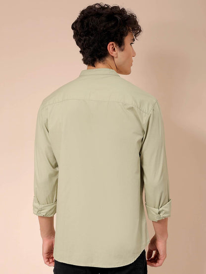 The Indian Garage Co Green Regular Fit Mandarin Collar Solid Long Sleeves Shirt