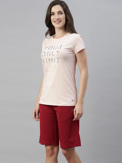 Enamor Essentials Womens Short Sleeve Crew Neck Slim Fit Breathable Stretch Cotton Tee With Graphic - E147(E147-Rose Water / Li