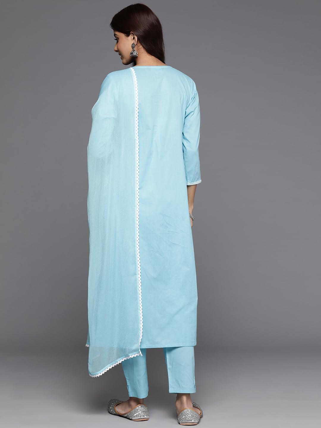Varanga Women Blue Thread Embroidered Straight Kurta with Bottom and Dupatta