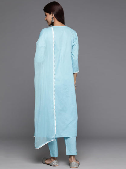 Varanga Women Blue Thread Embroidered Straight Kurta with Bottom and Dupatta