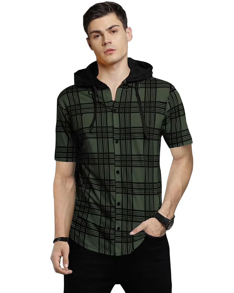 Eyebogler Mens Hooded Neck Checkered Half Sleeve Regular Fir T-Shirt