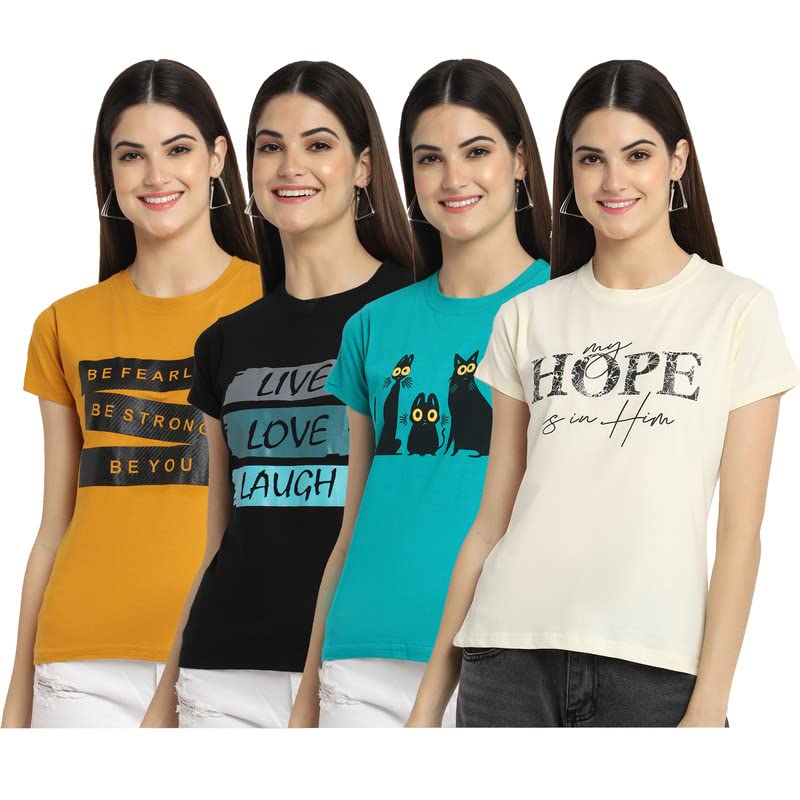 Preneum Womens Cotton Regular Fit Latest Graphic Stylish Printed Short Sleeves Casual T-Shirt || Trends & Stylish (Pack 4), Tur