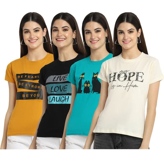 Preneum Womens Cotton Regular Fit Latest Graphic Stylish Printed Short Sleeves Casual T-Shirt || Trends & Stylish (Pack 4), Tur