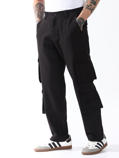 Hubberholme Men Solid Relaxed Fit Mid-Rise Korean Trousers 19 Black