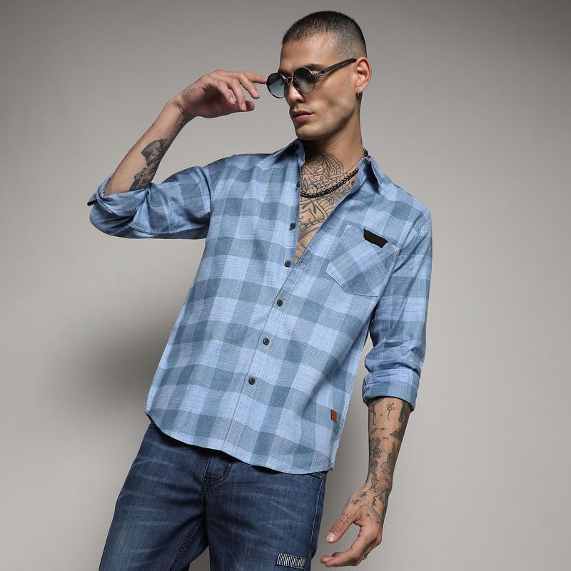 Campus Sutra Mens Blue Checks Button Up Regular Fit Shirt for Casual Wear | Cotton Spread Collar Shirt Crafted with Regular Sle