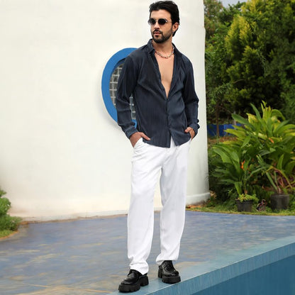 Campus Sutra Mens Navy Blue Pleat-Creased Shirt for Casual Wear | Spread Collar | Long Sleeve | Button Closure | Shirt Crafted