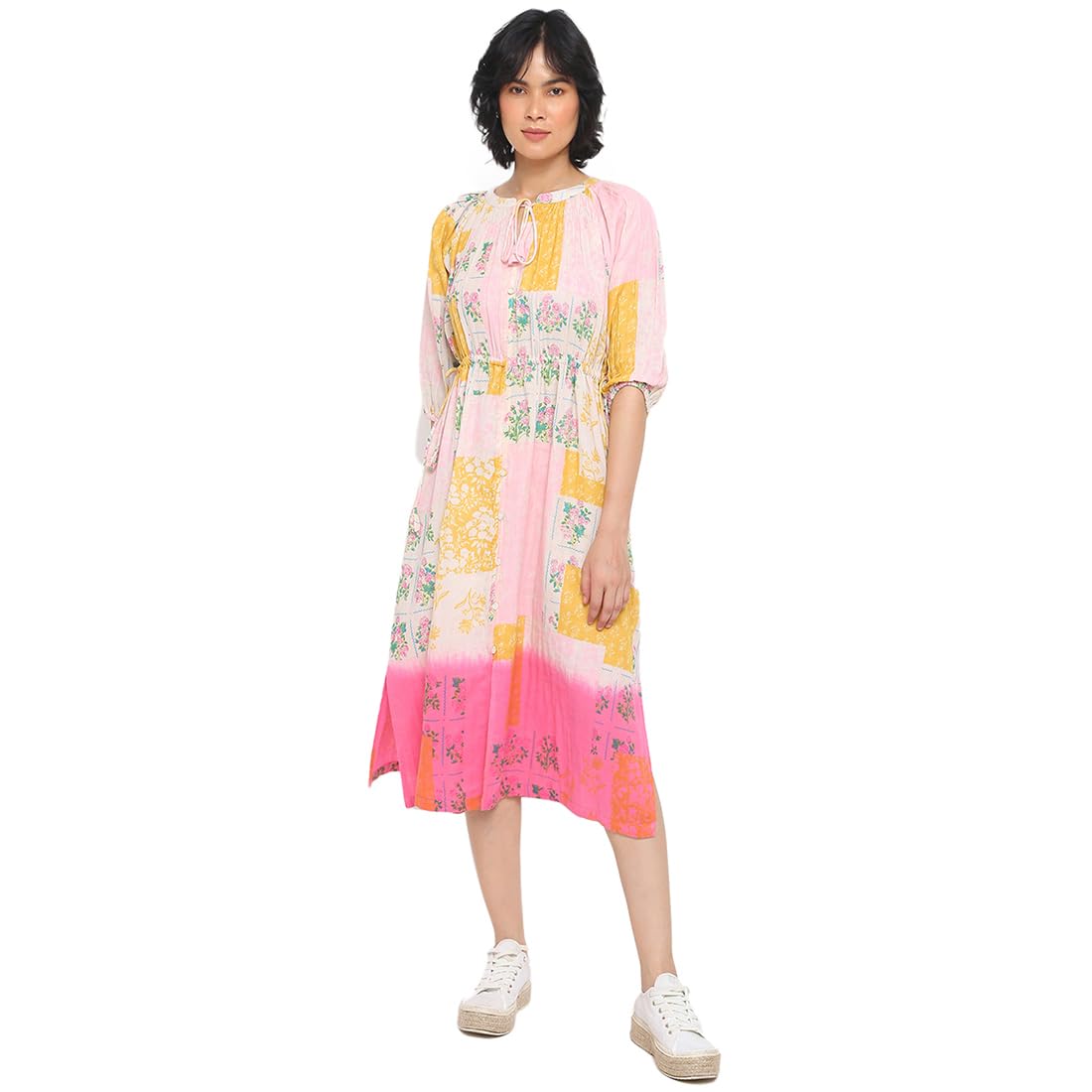 Fabindia Women'S Printed Pink Cotton Round Neck Midi Dress Calf Length 209991601