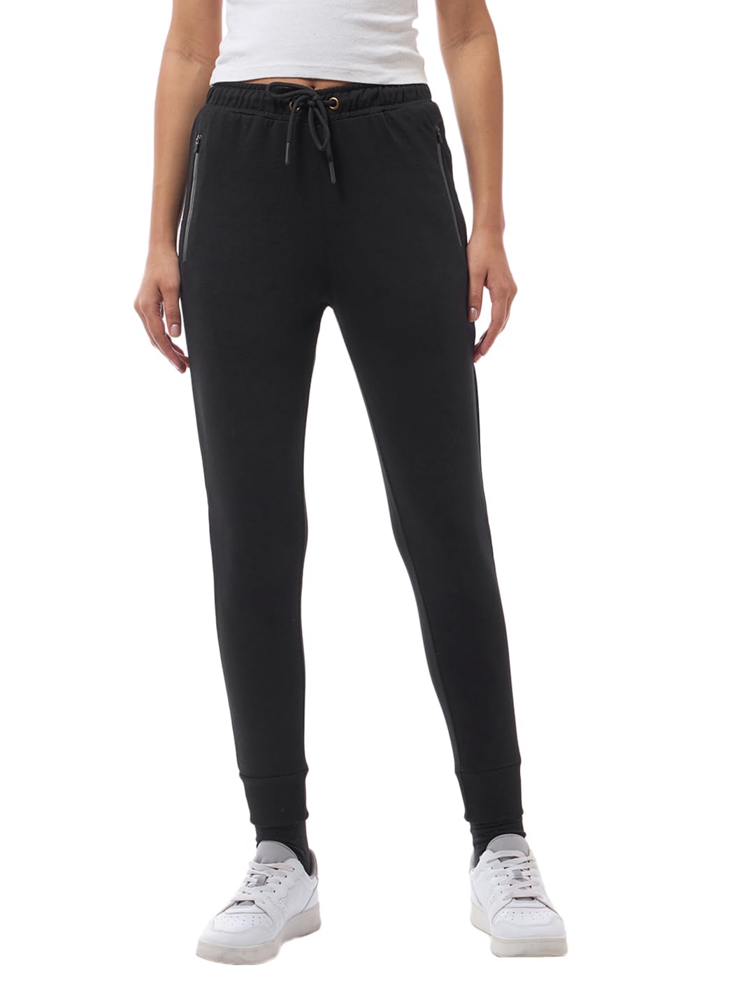 Bewakoof Womens Solid Cotton Blend Slim Fit Zipper Joggers