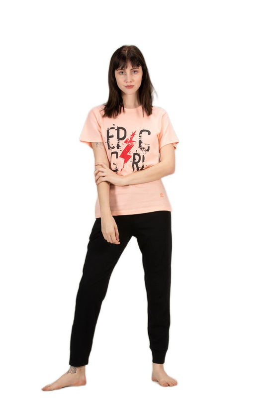 Evolove WomenS Cotton Round Neck Short Sleeves Night Suit Set/Top Pyjama Set Super Soft Comfortable (Peach & Black, Npskpbs21-M