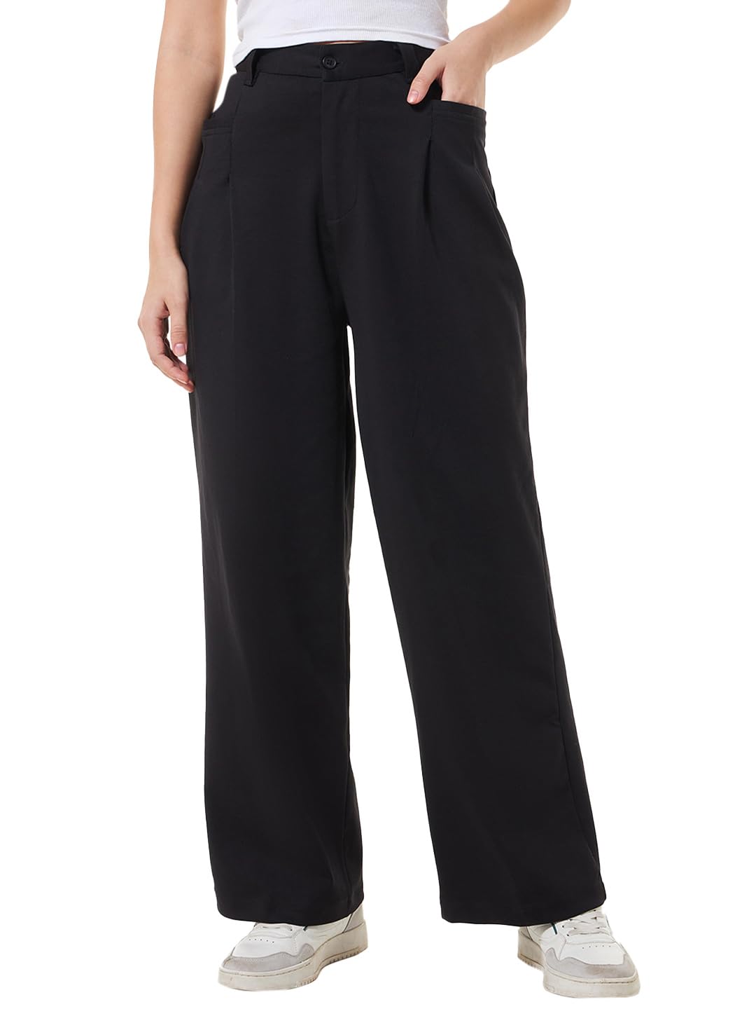 Bewakoof Womens Solid Regular Fit Cotton Lycra Blend Korean Pants_629217_Black_26